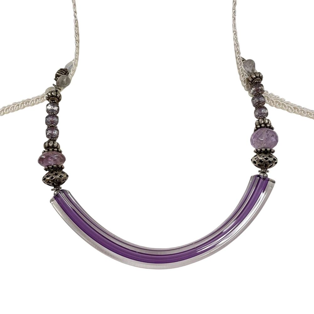 Purple & Silver Tone Handmade Plastic Bead Necklace